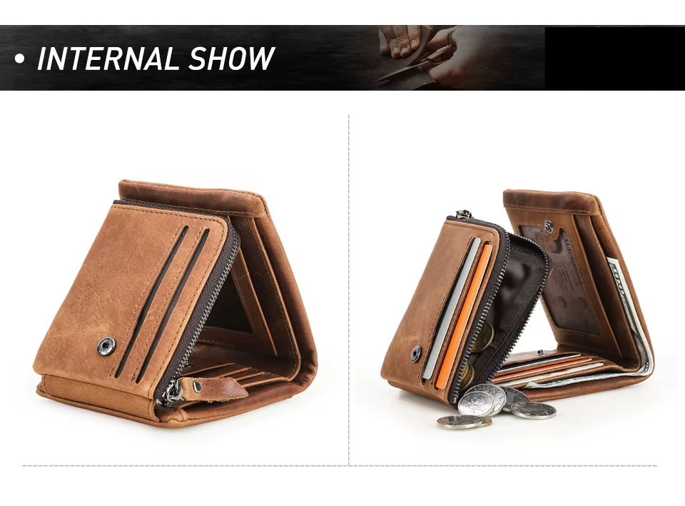 Men’s Genuine Leather Trifold Wallet with Zipper Coin Pocket & Card Holder