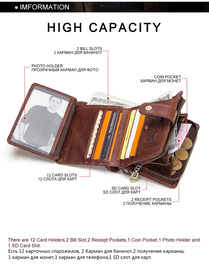 Men’s Genuine Leather RFID Wallet with Coin Pocket & Card Holder