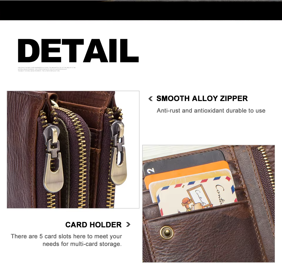 Men's Genuine Leather Wallet - RFID Blocking, Zipper Coin Purse, Large Capacity