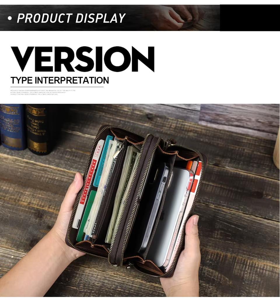 Genuine Leather Men's Long Wallet Clutch with Double Zipper & Card Slots