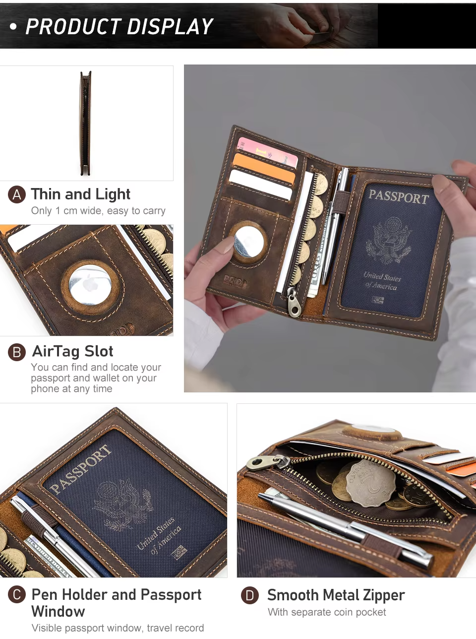 Genuine Leather Passport Wallet AirTag Slot Travel Card Holder for Men Women