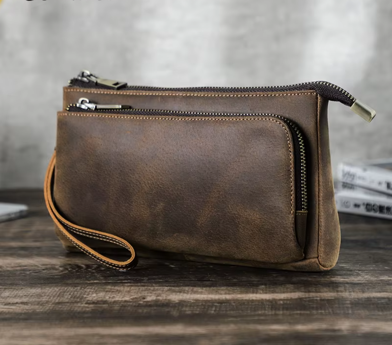 Genuine Leather Men Clutch Bag Long Wallet Travel Handbag Storage Organizer