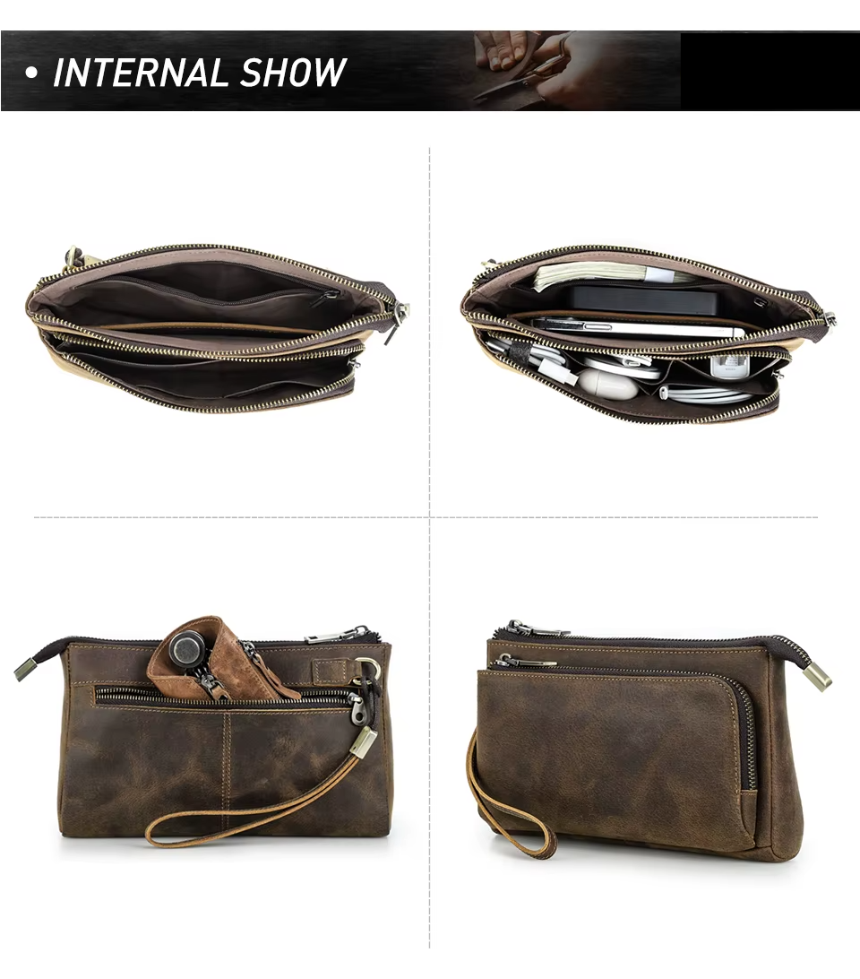 Genuine Leather Men Clutch Bag Long Wallet Travel Handbag Storage Organizer