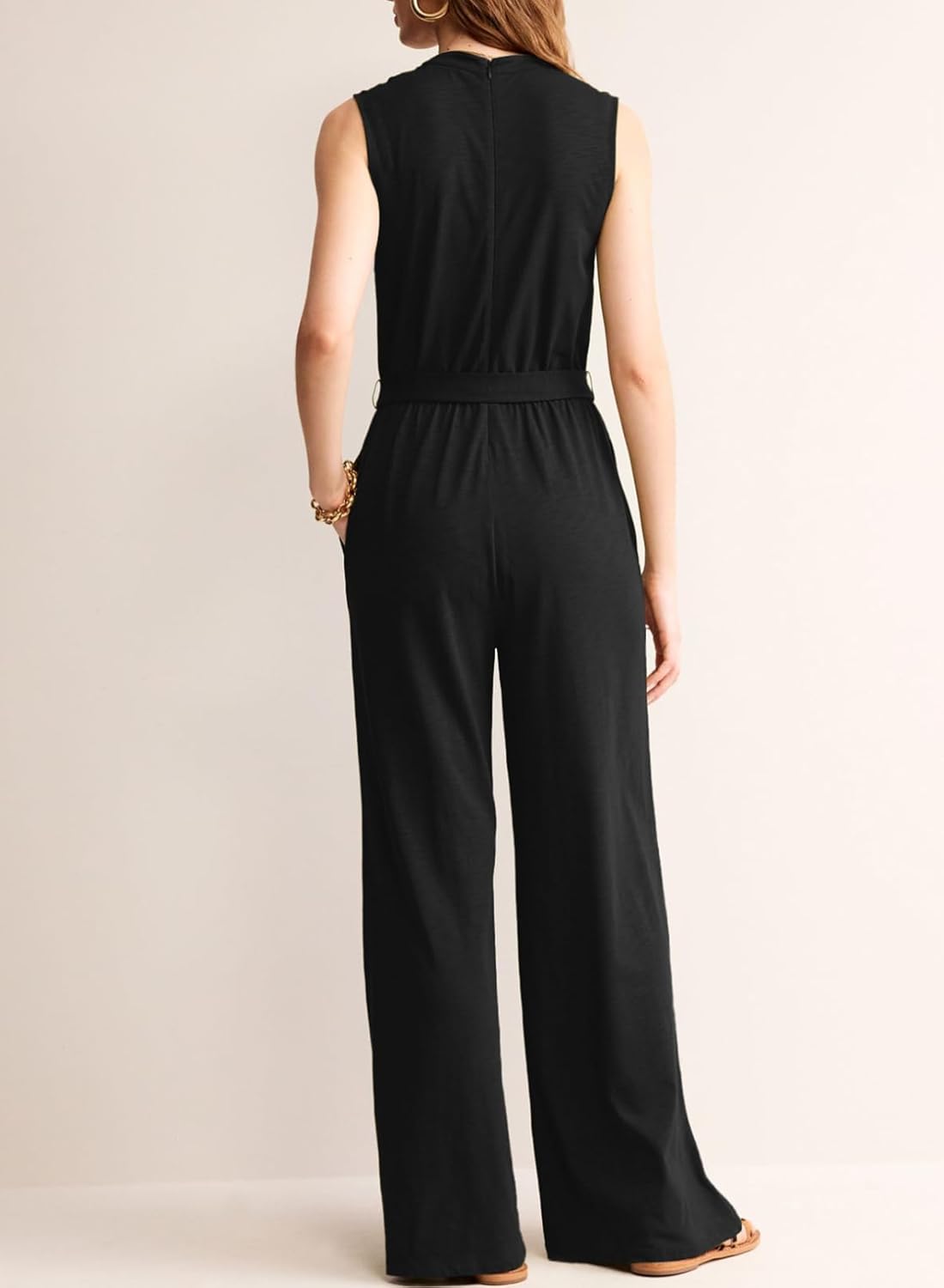 Womens V Neck Sleeveless Jumpsuit Casual Belted Wide Leg Romper with Pockets