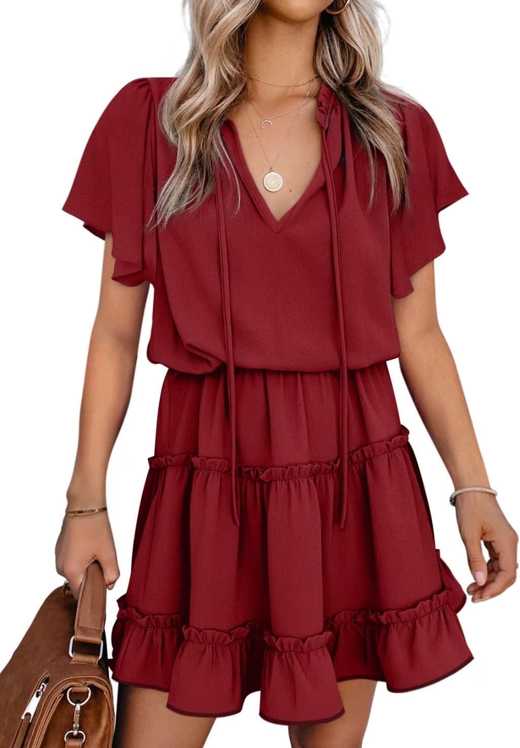 Womens V Neck Chiffon Mini Dress Short Sleeve Ruffle Summer Flowy Skirt