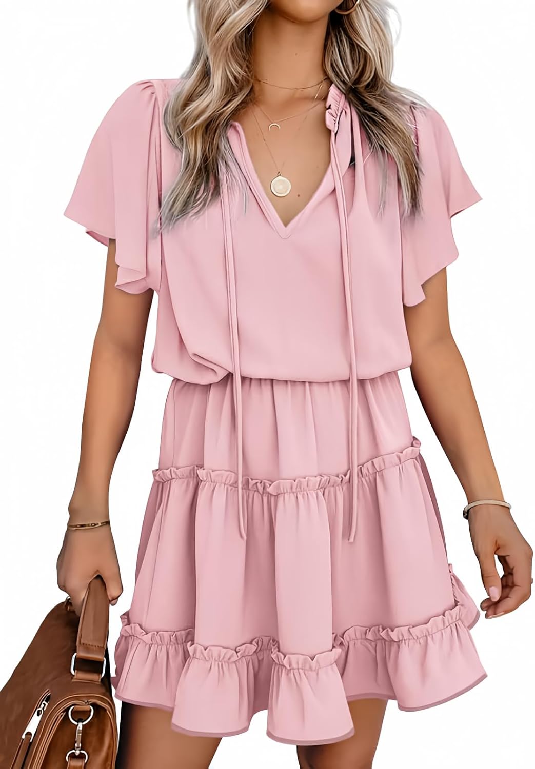 Womens V Neck Chiffon Mini Dress Short Sleeve Ruffle Summer Flowy Skirt