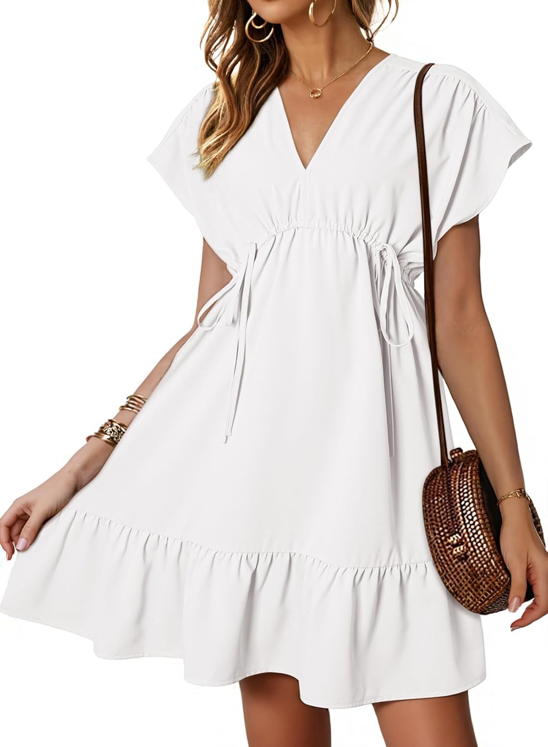 Womens V Neck Ruffle Mini Dress Short Sleeve Empire Waist Summer Babydoll