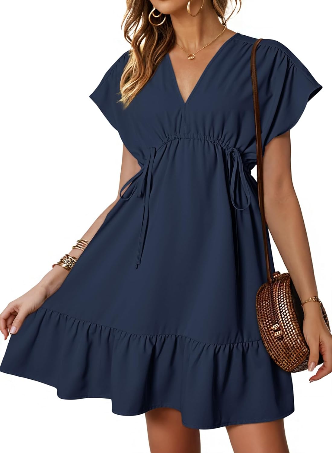 Womens V Neck Ruffle Mini Dress Short Sleeve Empire Waist Summer Babydoll