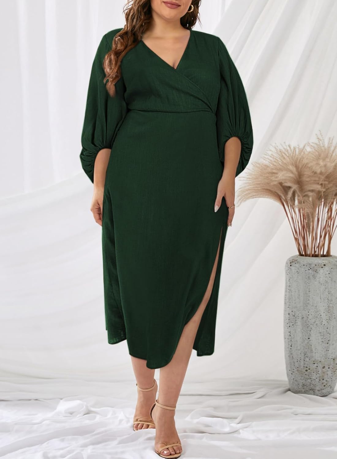 Plus Size V Neck Maxi Dress with Slit – Puff Sleeve Wrap Party Cocktail Dress 1X–5X