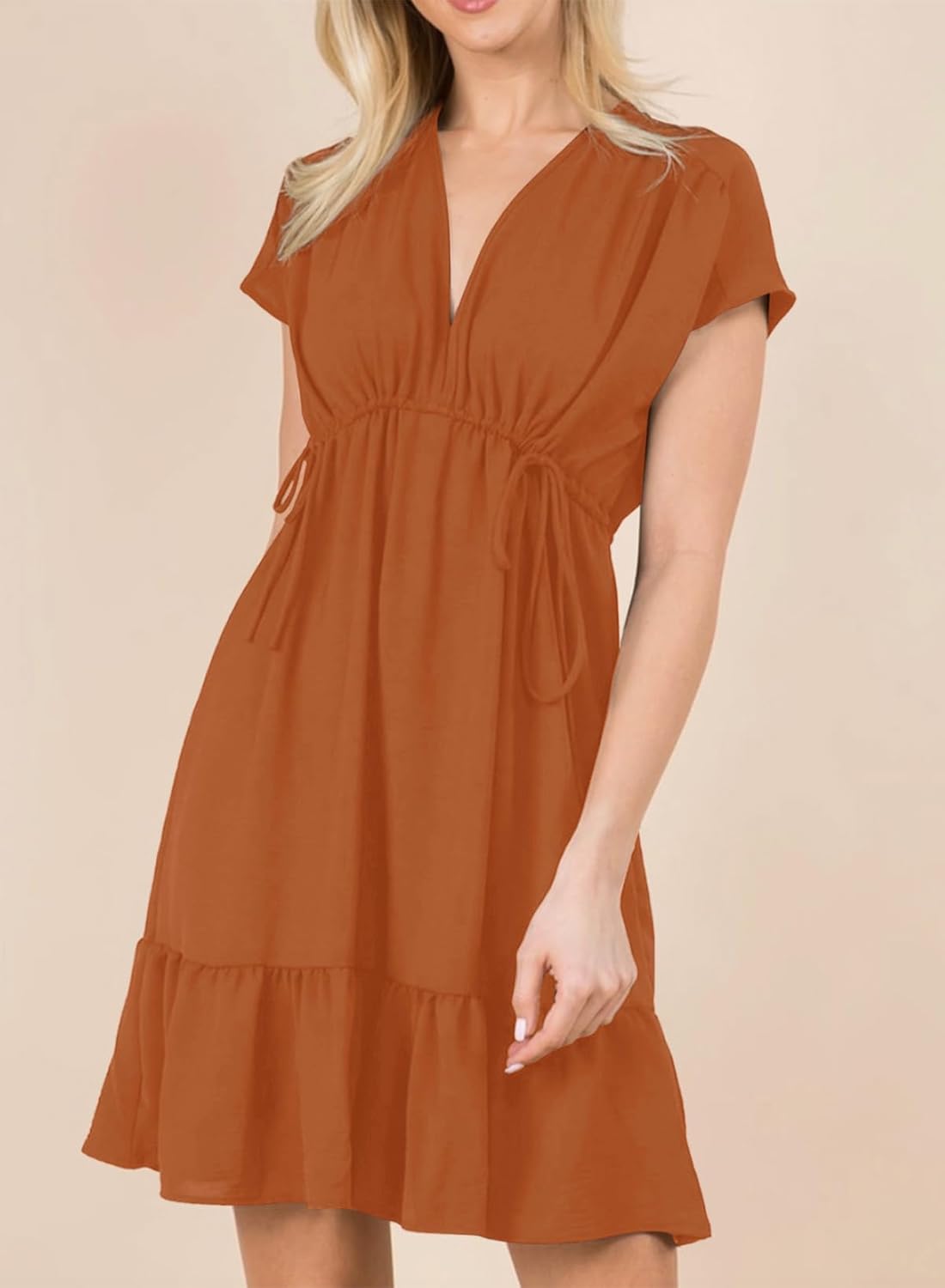 Womens V Neck Ruffle Mini Dress Short Sleeve Empire Waist Summer Babydoll