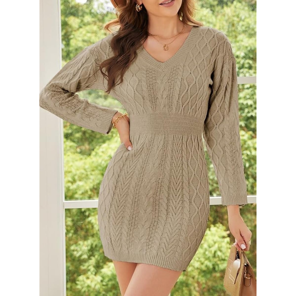 Women’s V-Neck Cable Knit Sweater Dress – Long Sleeve Fall Bodycon Jumper 2025
