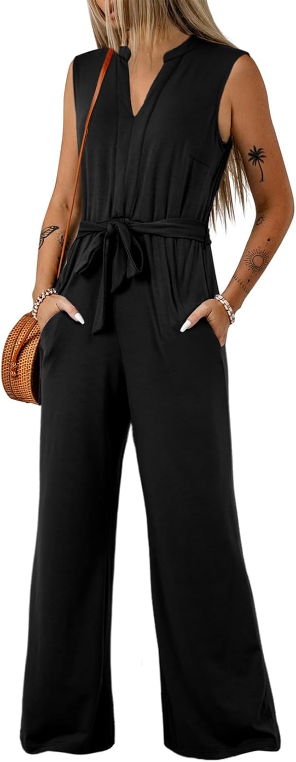 Womens V Neck Sleeveless Jumpsuit Casual Belted Wide Leg Romper with Pockets