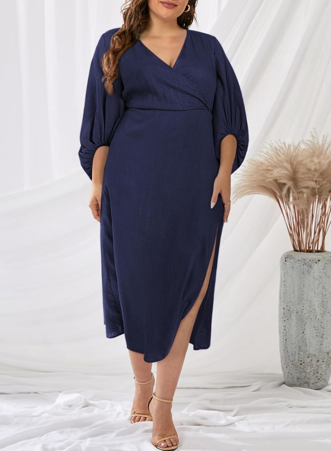 Womens Plus Size 1X Maxi Dress V Neck Puff Sleeve Slit Wrap Long Dress