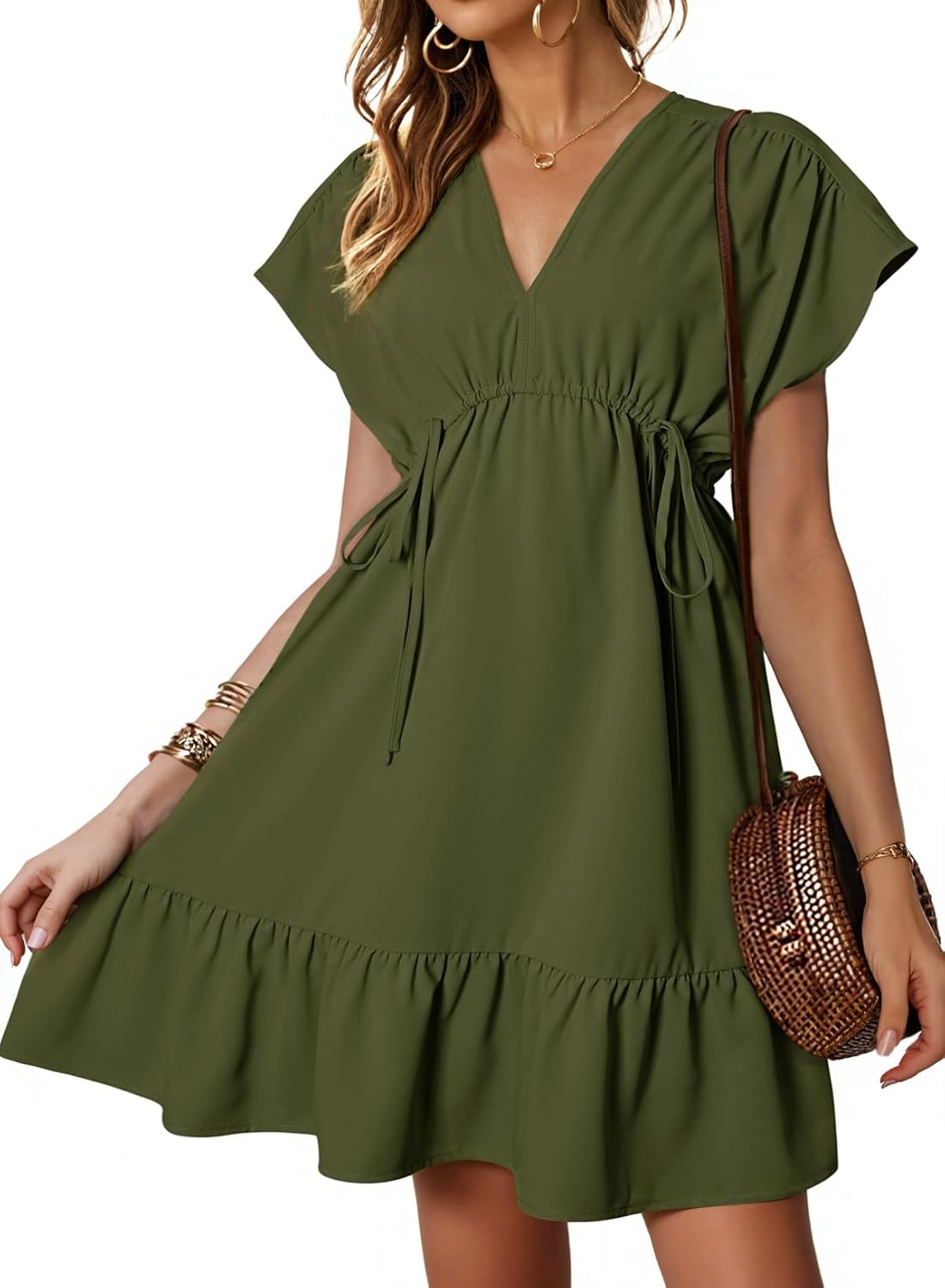 Womens V Neck Ruffle Mini Dress Short Sleeve Empire Waist Summer Babydoll