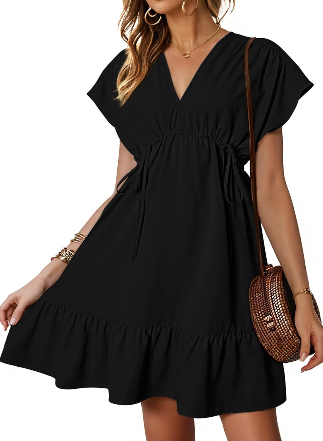 Womens V Neck Ruffle Mini Dress Short Sleeve Empire Waist Summer Babydoll