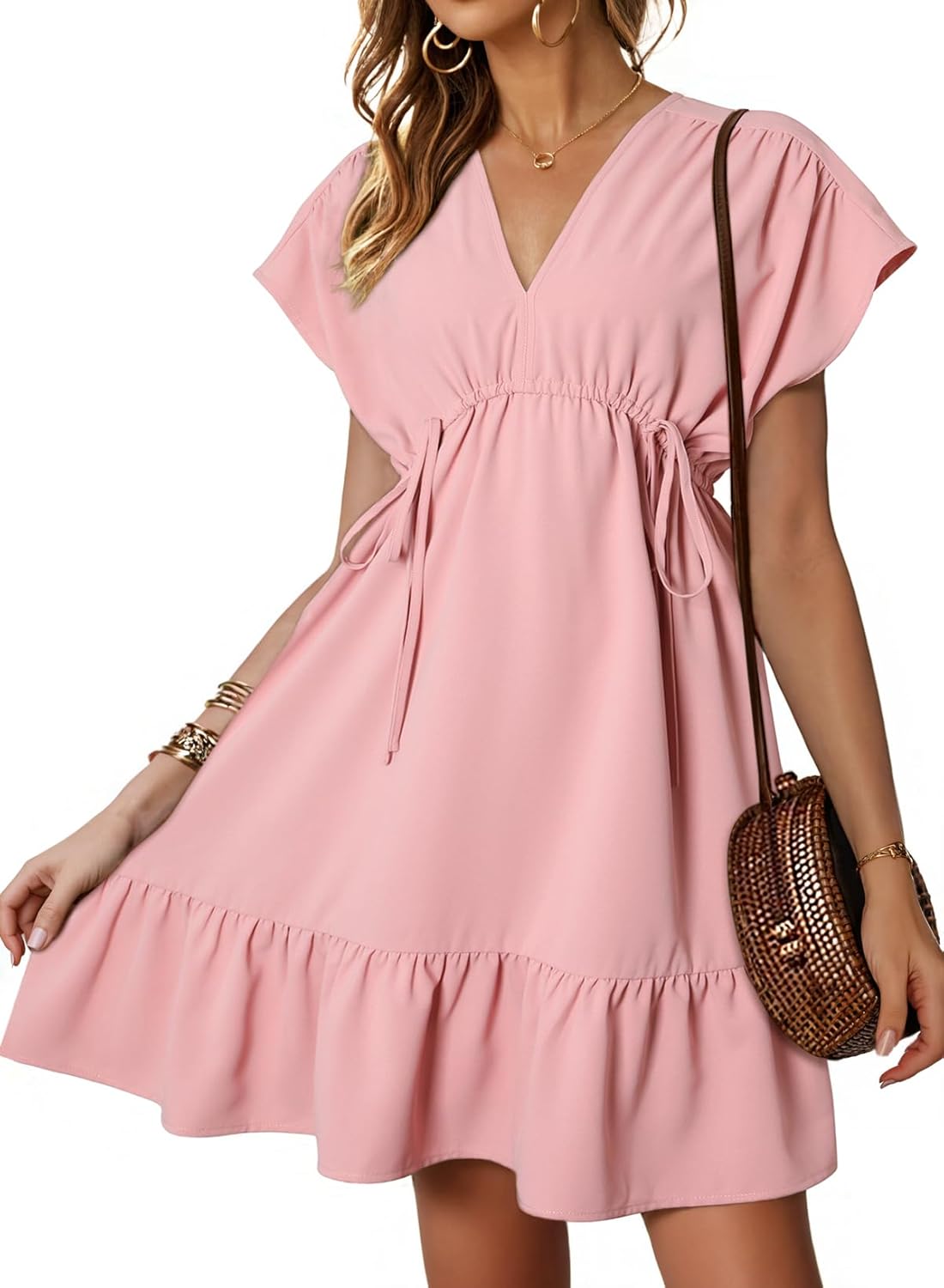 Womens V Neck Ruffle Mini Dress Short Sleeve Empire Waist Summer Babydoll