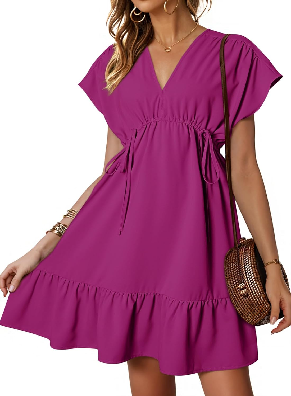 Womens V Neck Ruffle Mini Dress Short Sleeve Empire Waist Summer Babydoll