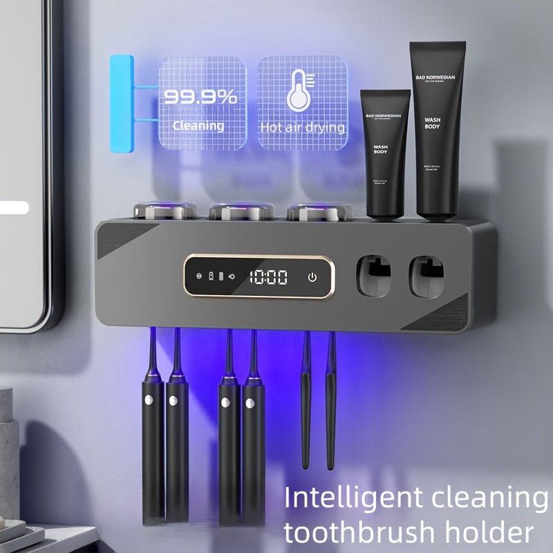 Smart Toothbrush Holder Wall Mount – 6 Slots, 2 Dispensers, 3 Cups, USB Recharge