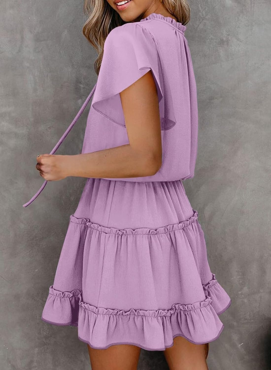 Womens V Neck Chiffon Mini Dress Short Sleeve Ruffle Summer Flowy Skirt