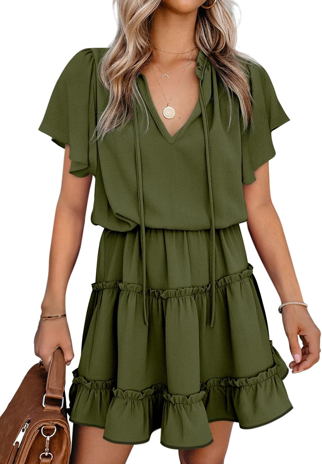 Womens V Neck Chiffon Mini Dress Short Sleeve Ruffle Summer Flowy Skirt