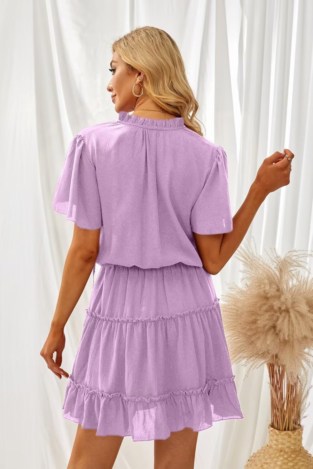 Womens V Neck Chiffon Mini Dress Short Sleeve Ruffle Summer Flowy Skirt
