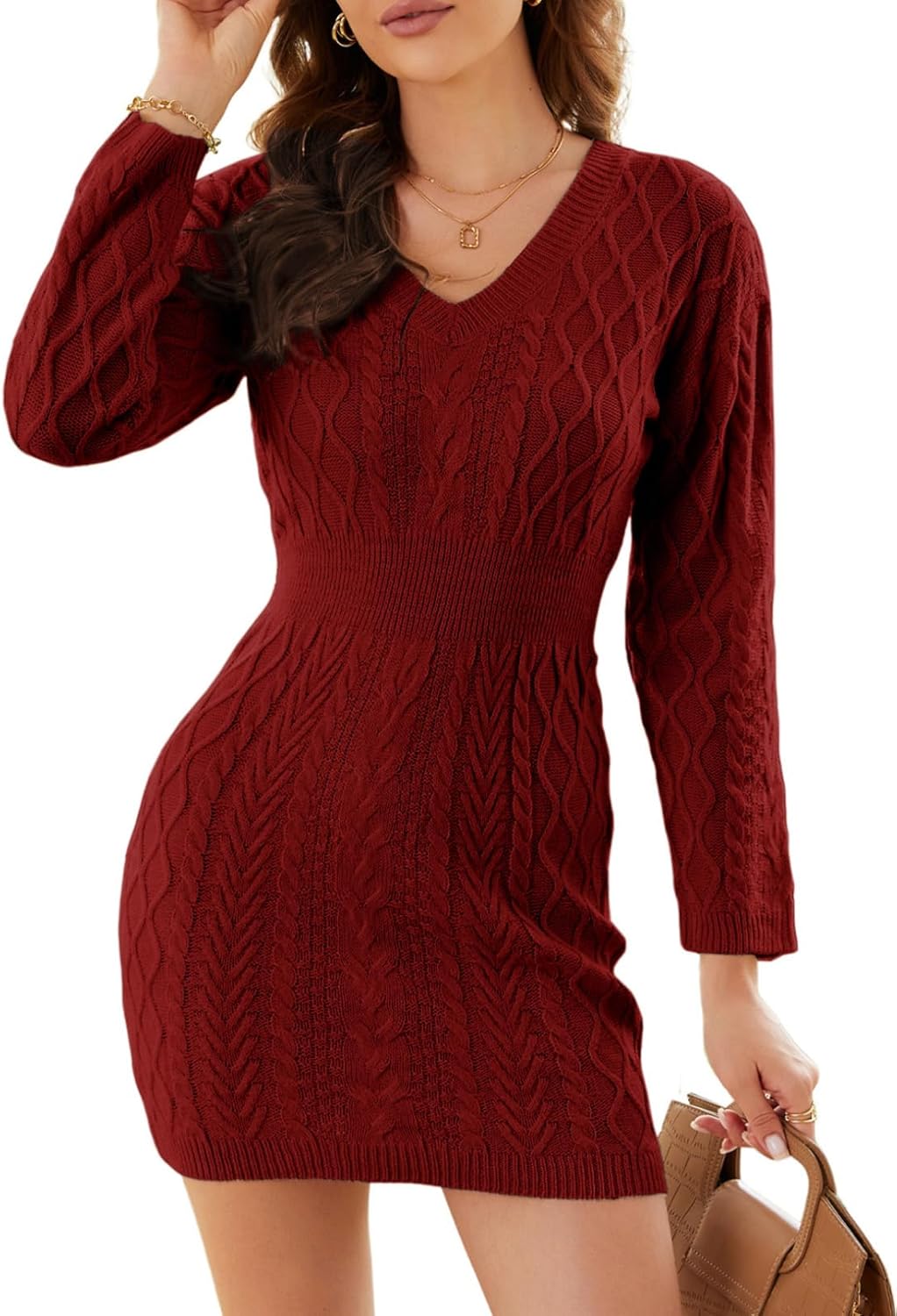 Women’s V-Neck Cable Knit Sweater Dress – Long Sleeve Fall Bodycon Jumper 2025