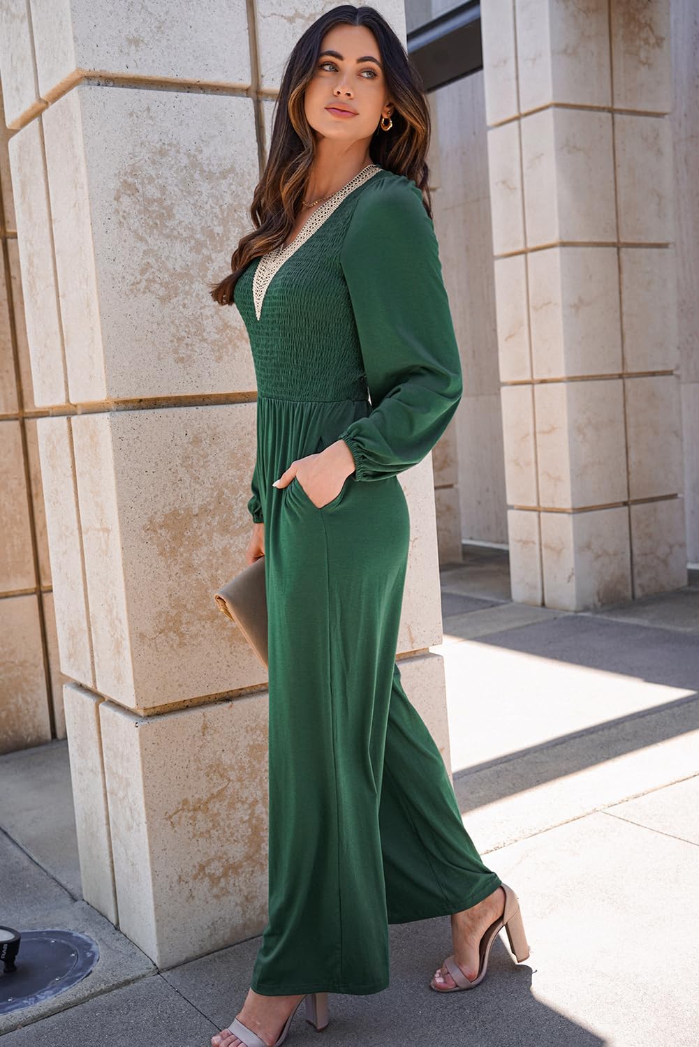 Womens 2XL Long Sleeve V Neck Jumpsuit with Pockets Wide Leg One Piece Outfit