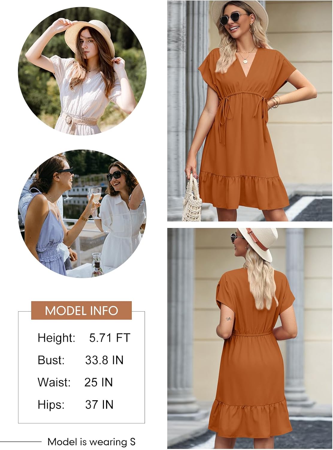 Womens V Neck Ruffle Mini Dress Short Sleeve Empire Waist Summer Babydoll
