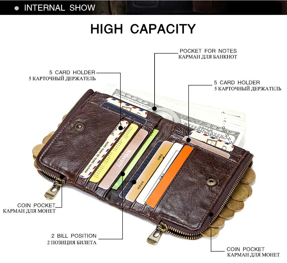 Men's Genuine Leather RFID Wallet - Short Zipper Coin Purse & Card Holder