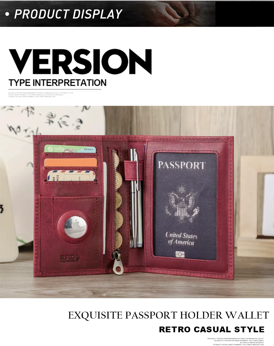 Genuine Leather Passport Wallet AirTag Slot Travel Card Holder for Men Women