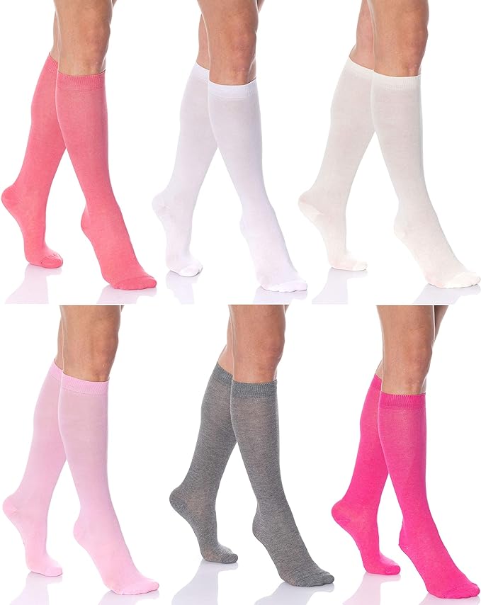 6 Pairs Women’s Colorful Knee High Socks Soft Combed Cotton Size 9-11 Boot Fit