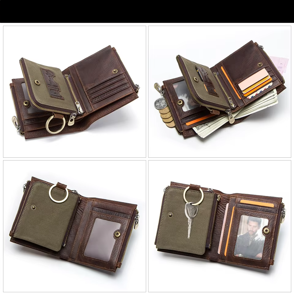 Men's Genuine Leather Wallet - RFID Blocking, Zipper Coin Purse, Large Capacity
