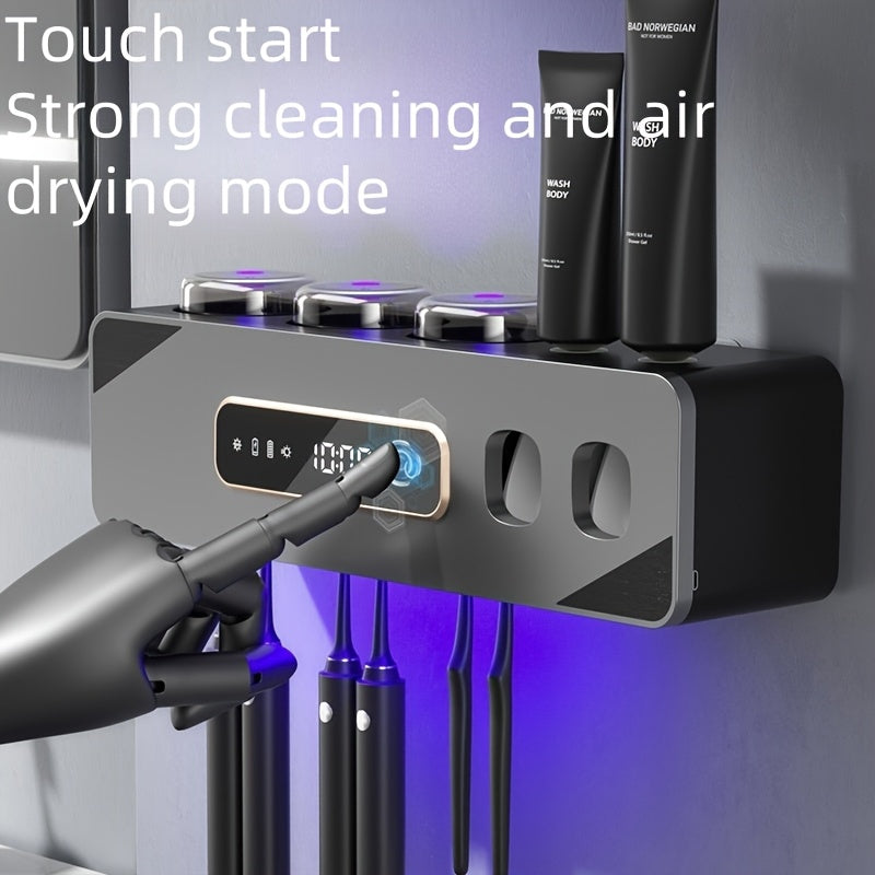 Smart Toothbrush Holder Wall Mount – 6 Slots, 2 Dispensers, 3 Cups, USB Recharge
