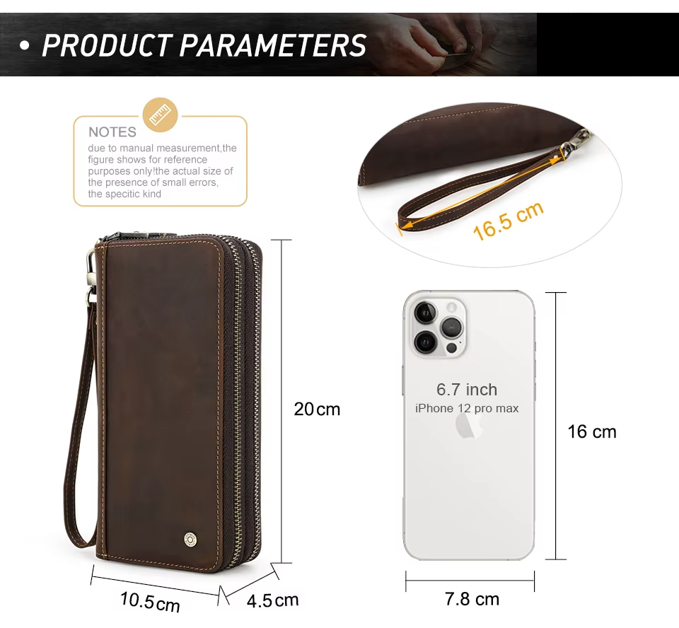 Genuine Leather Men's Long Wallet Clutch with Double Zipper & Card Slots