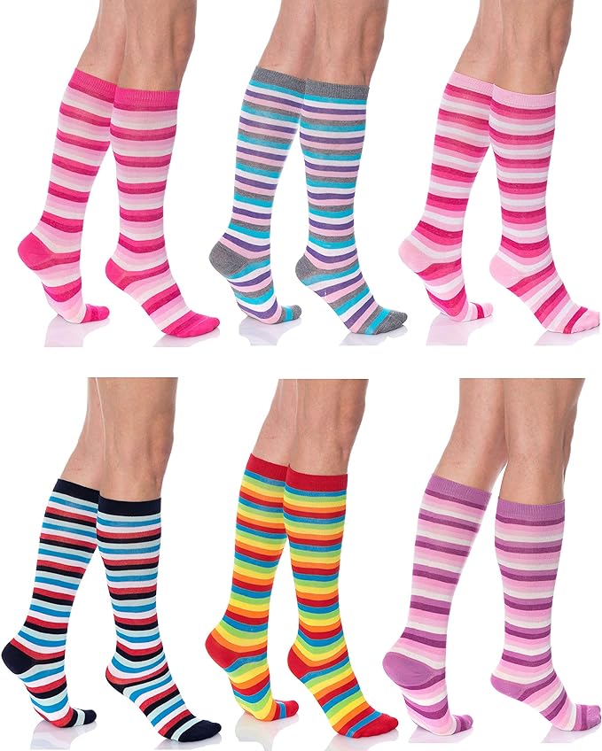 6 Pairs Women’s Colorful Knee High Socks Soft Combed Cotton Size 9-11 Boot Fit