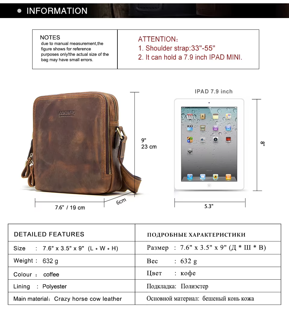 Men's Genuine Leather Messenger Bag Vintage Crossbody Shoulder Bag for iPad Mini