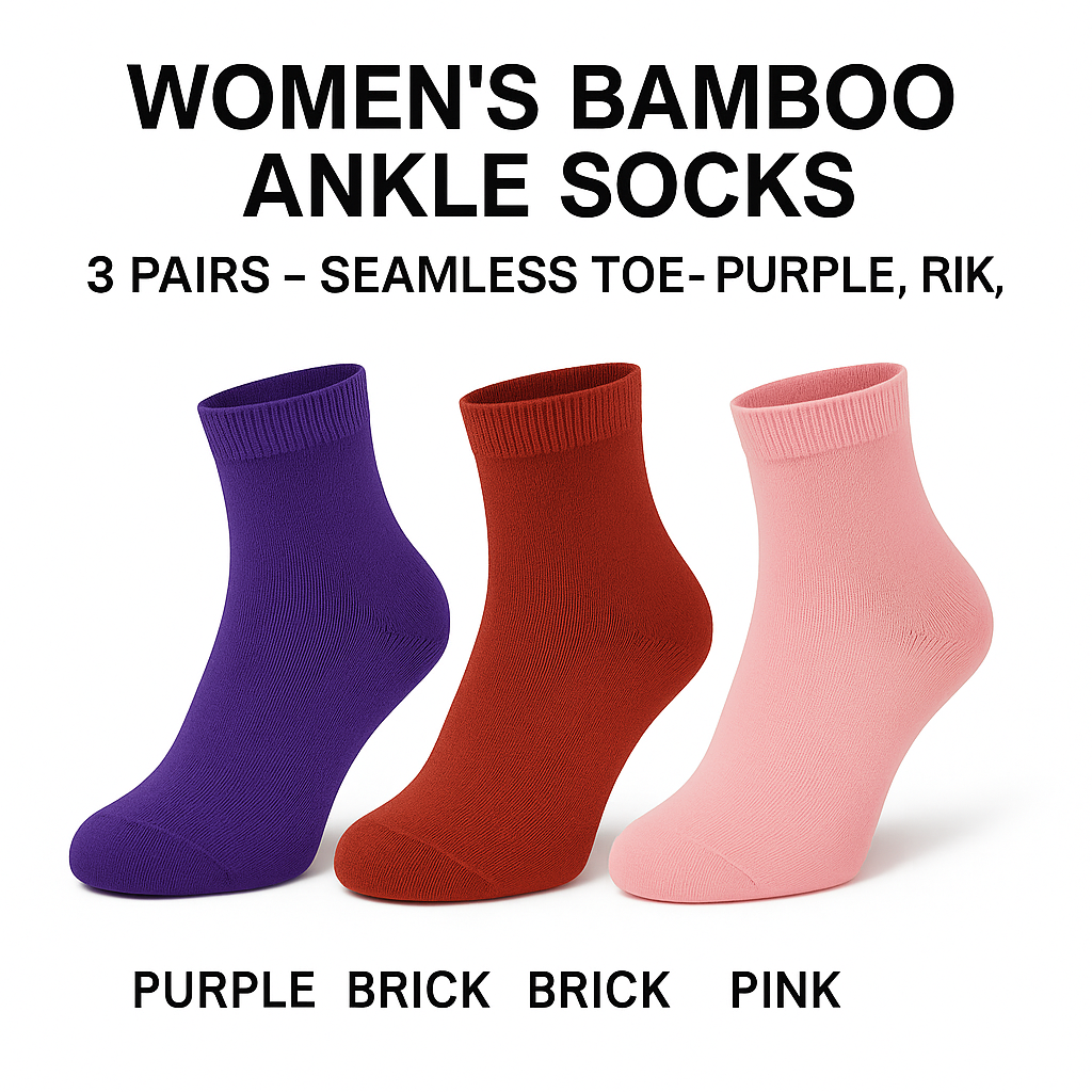 Women's Bamboo Ankle Socks 3 Pairs Seamless Breathable One Size Odor-Free