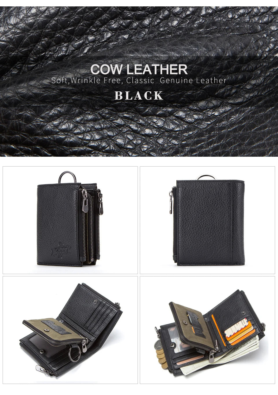 Men's Genuine Leather Wallet - RFID Blocking, Zipper Coin Purse, Large Capacity