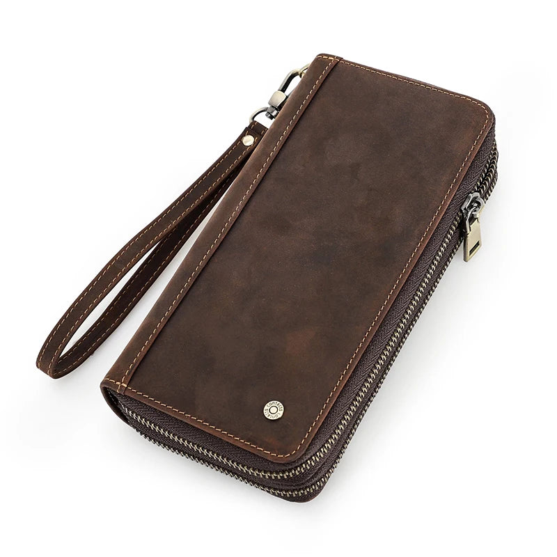 Genuine Leather Men's Long Wallet Clutch with Double Zipper & Card Slots
