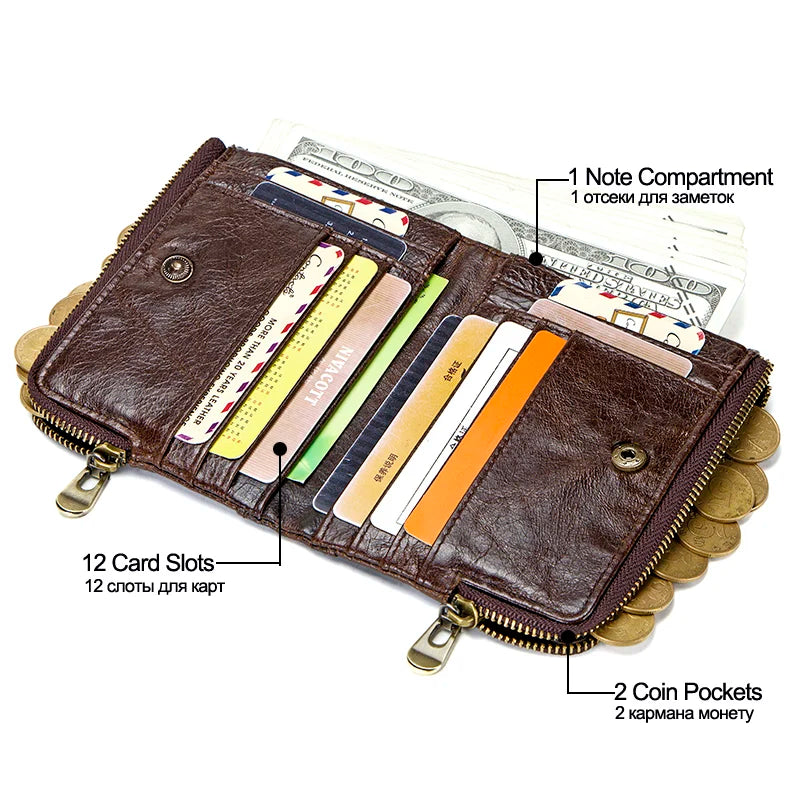 Men's Genuine Leather RFID Wallet - Short Zipper Coin Purse & Card Holder