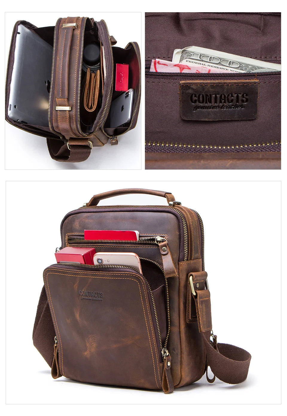 Genuine Leather Men Shoulder Bag Vintage Messenger Crossbody Sling Handbag