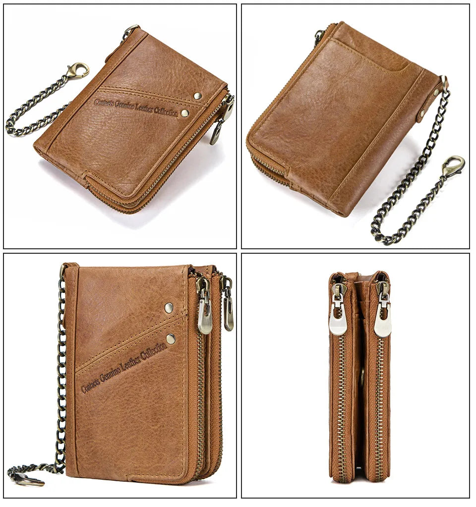 Men's Genuine Leather RFID Wallet - Short Zipper Coin Purse & Card Holder