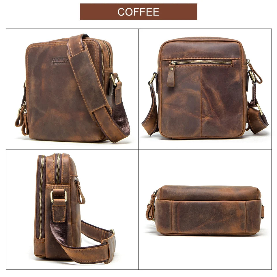 Men's Genuine Leather Messenger Bag Vintage Crossbody Shoulder Bag for iPad Mini