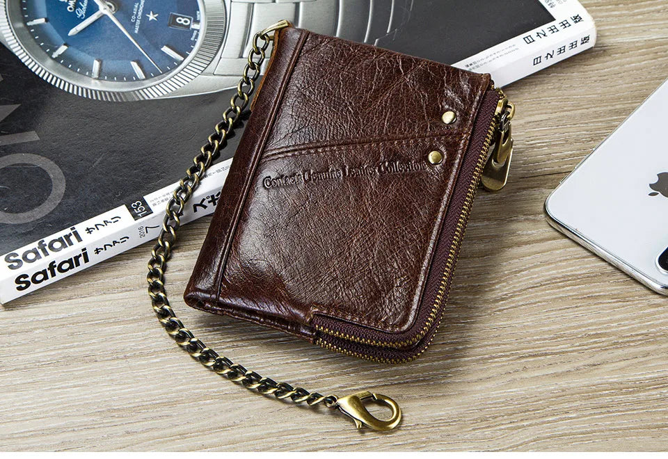 Men's Genuine Leather RFID Wallet - Short Zipper Coin Purse & Card Holder
