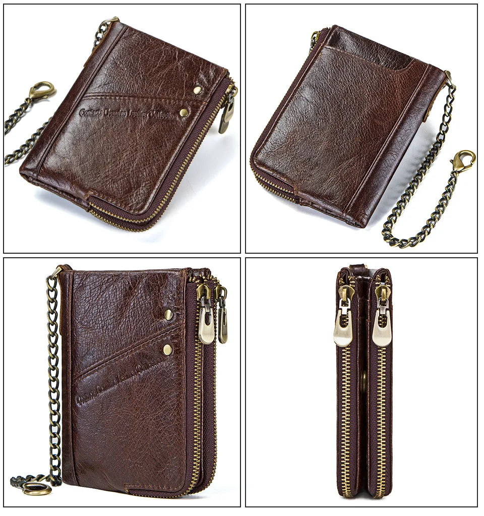 Men's Genuine Leather RFID Wallet - Short Zipper Coin Purse & Card Holder