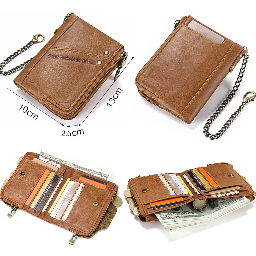 Men's Genuine Leather RFID Wallet - Short Zipper Coin Purse & Card Holder