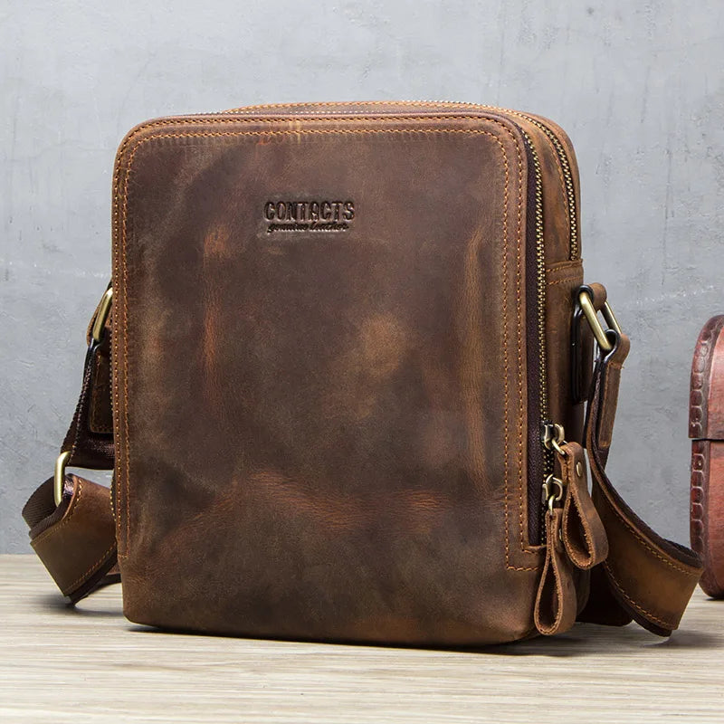 Men's Genuine Leather Messenger Bag Vintage Crossbody Shoulder Bag for iPad Mini