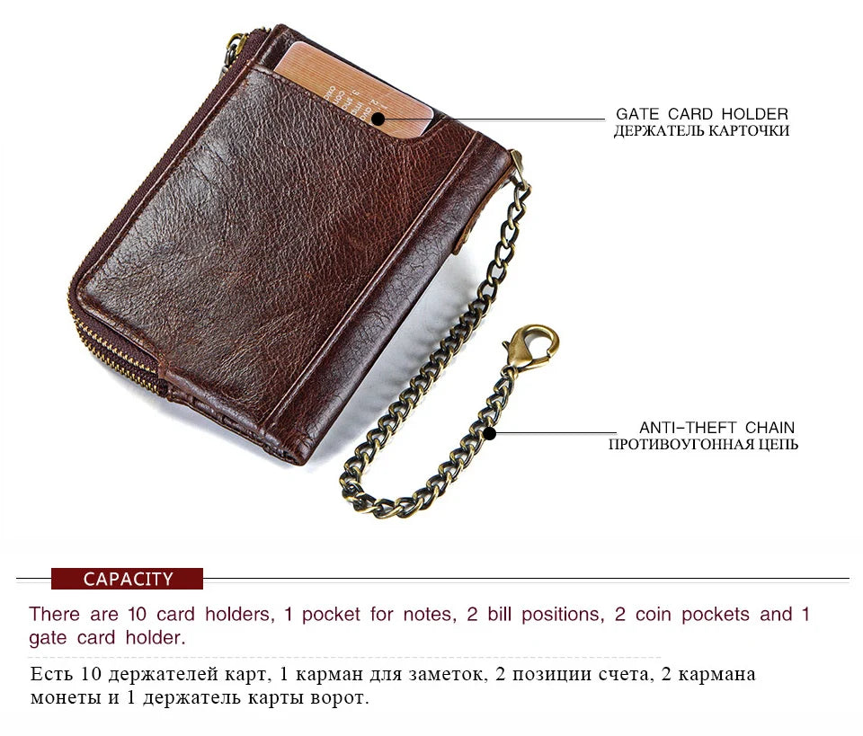 Men's Genuine Leather RFID Wallet - Short Zipper Coin Purse & Card Holder