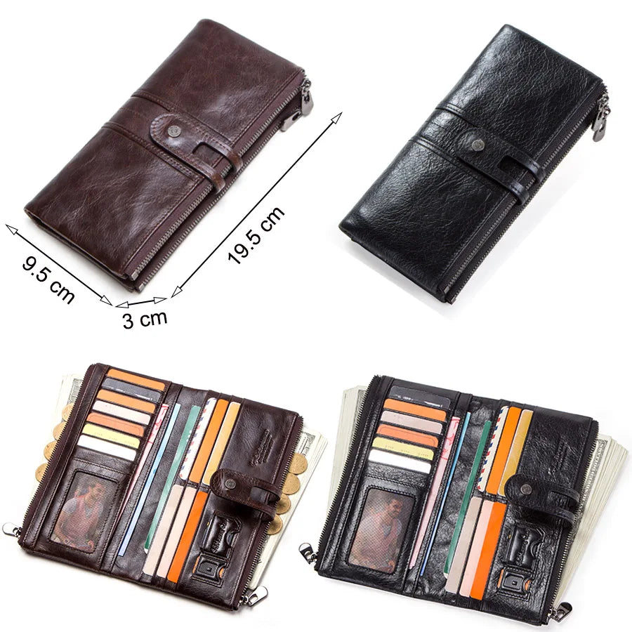 Men’s Genuine Leather Clutch Wallet Long Zipper Coin Purse & Card Holder