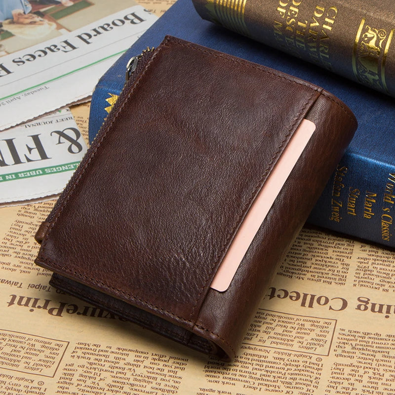 Men's Genuine Leather Wallet - RFID Blocking, Zipper Coin Purse, Large Capacity